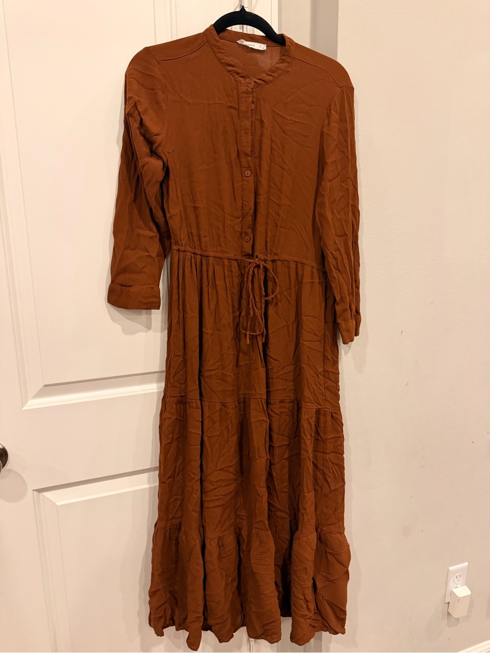 Mango Rust Brown Tiered Button-Front Maxi Dress